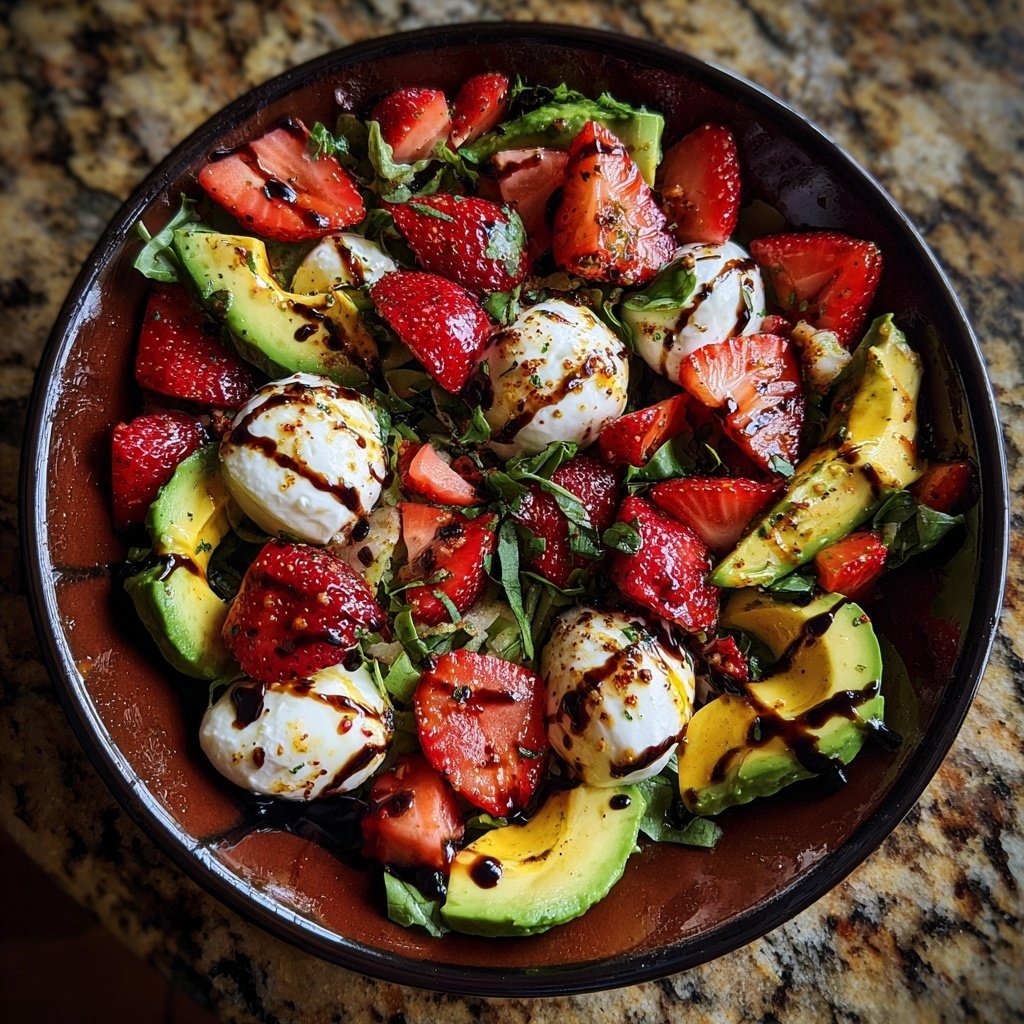 Salat mit Erdbeeren, Avocado und Burrata